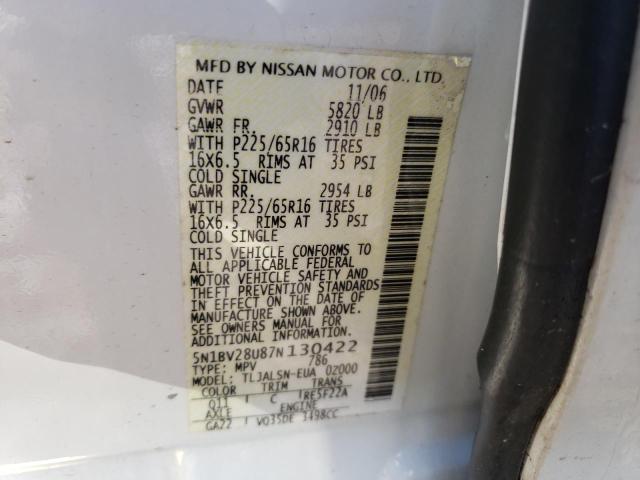 Photo 9 VIN: 5N1BV28U87N130422 - NISSAN QUEST S 