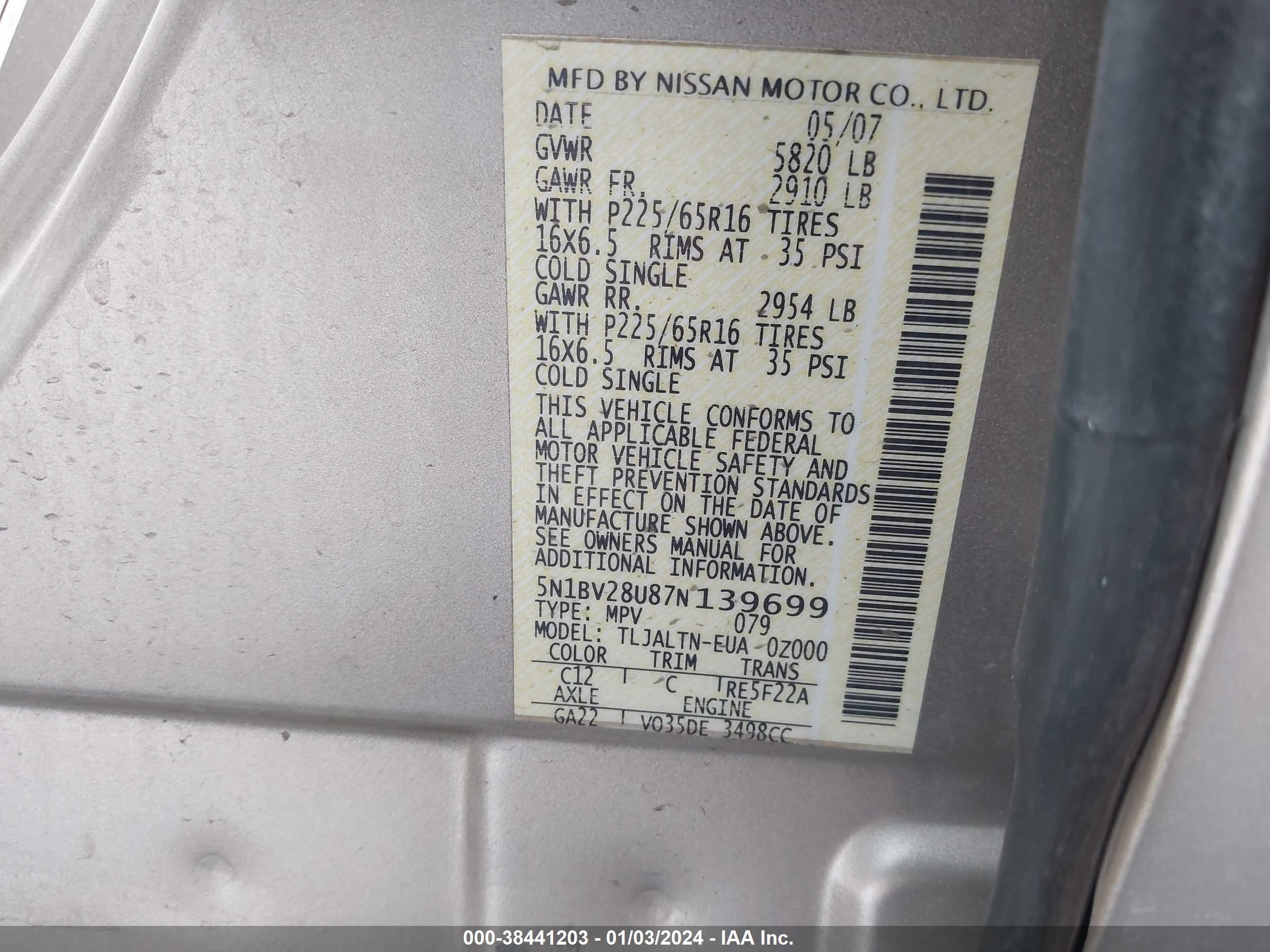 Photo 8 VIN: 5N1BV28U87N139699 - NISSAN QUEST 