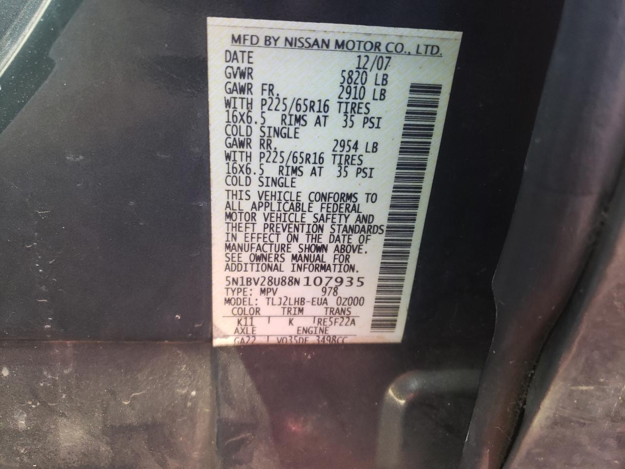 Photo 13 VIN: 5N1BV28U88N107935 - NISSAN QUEST 