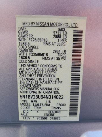 Photo 13 VIN: 5N1BV28U94N314022 - NISSAN QUEST S 