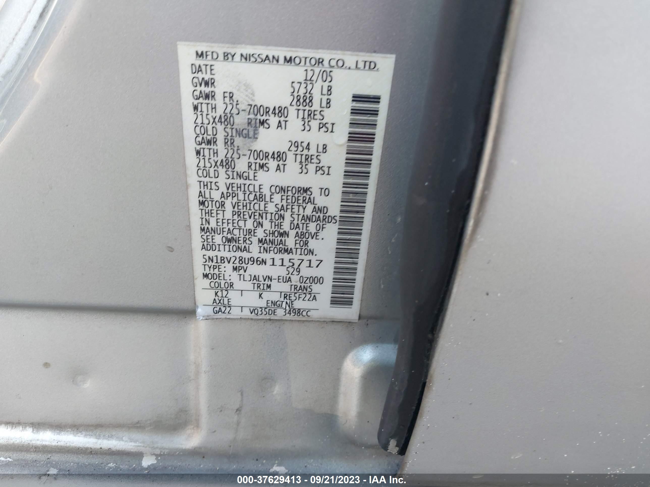 Photo 8 VIN: 5N1BV28U96N115717 - NISSAN QUEST 