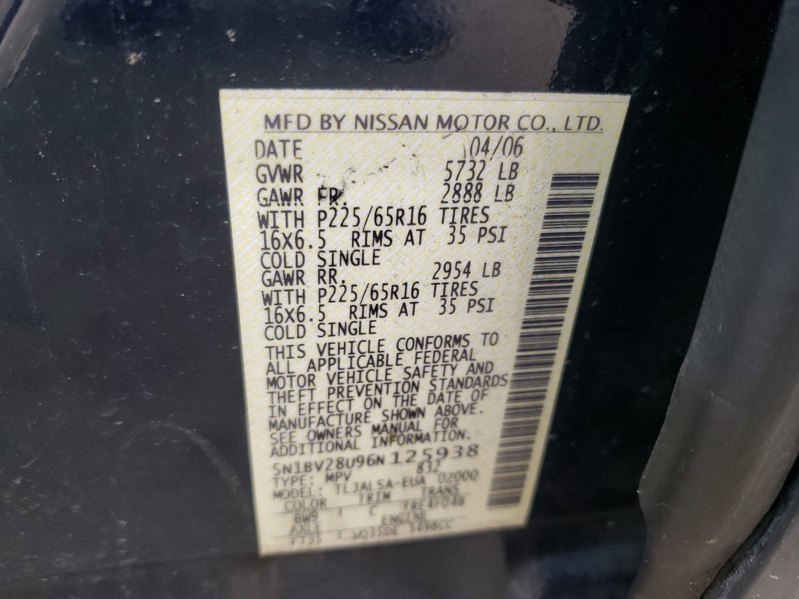 Photo 9 VIN: 5N1BV28U96N125938 - NISSAN QUEST S 