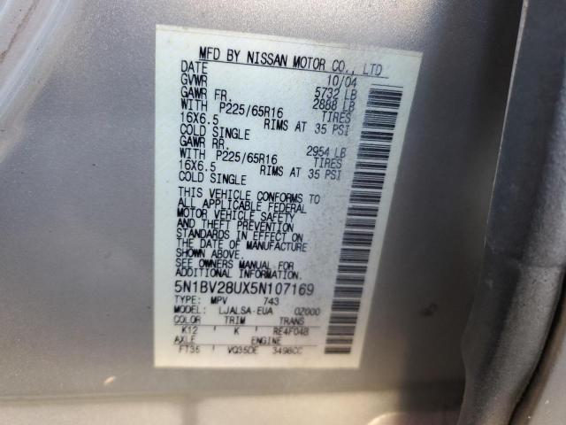 Photo 11 VIN: 5N1BV28UX5N107169 - NISSAN QUEST S 