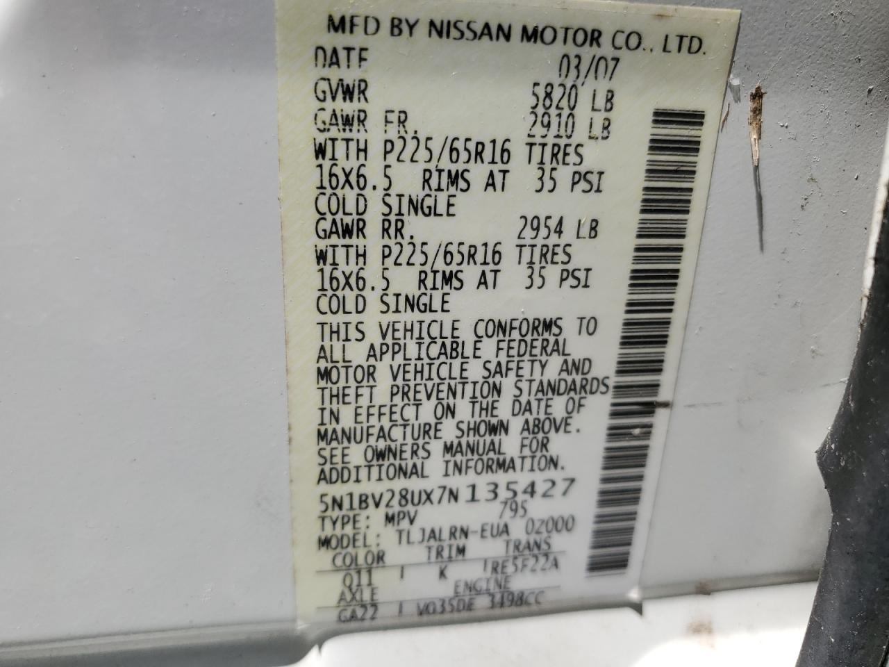 Photo 12 VIN: 5N1BV28UX7N135427 - NISSAN QUEST 