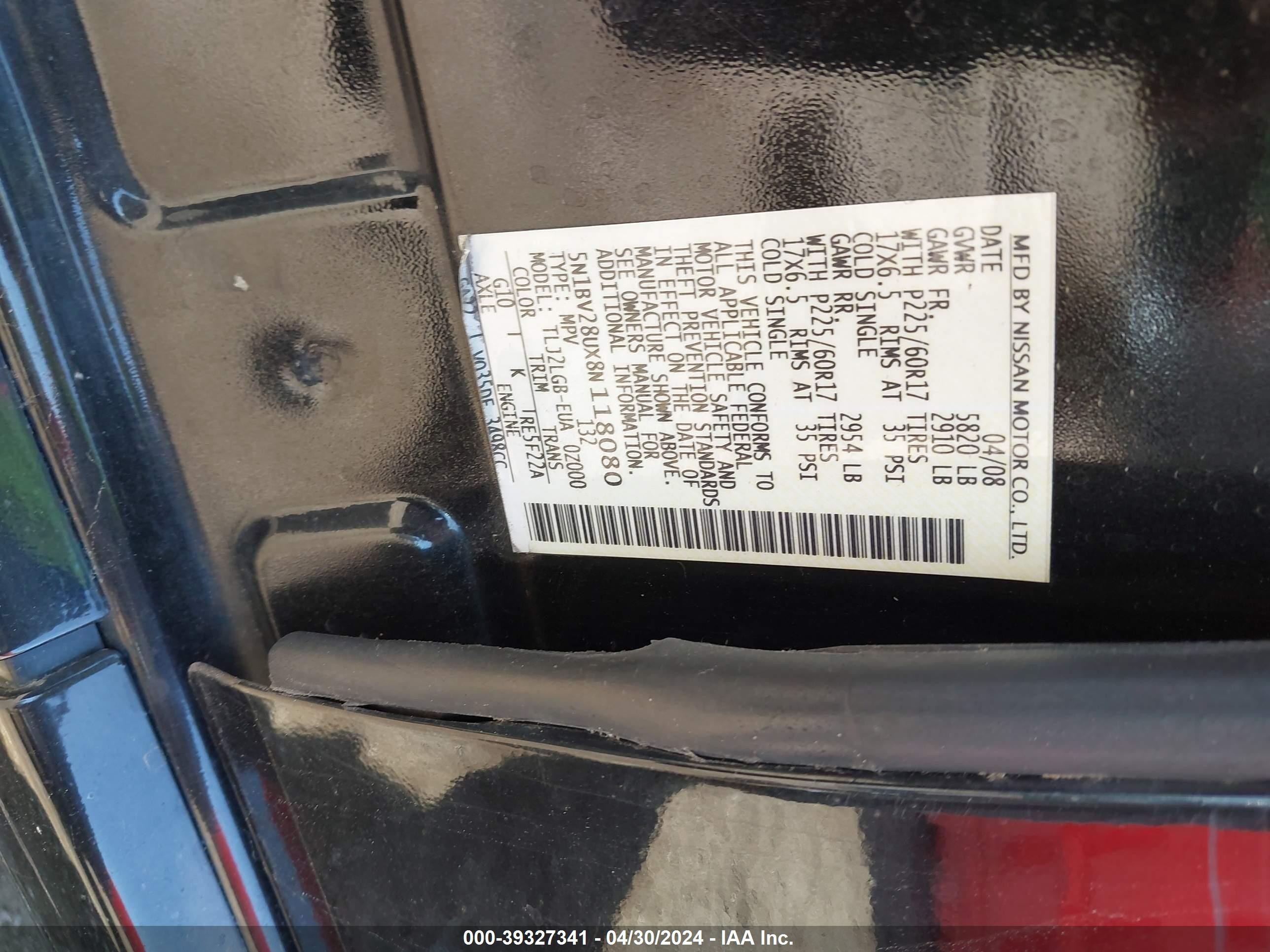 Photo 8 VIN: 5N1BV28UX8N118080 - NISSAN QUEST 