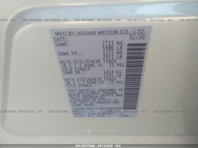 Photo 8 VIN: 5N1DR2AN5LC609080 - NISSAN PATHFINDER 