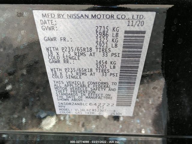 Photo 8 VIN: 5N1DR2AN8LC642722 - NISSAN PATHFINDER 