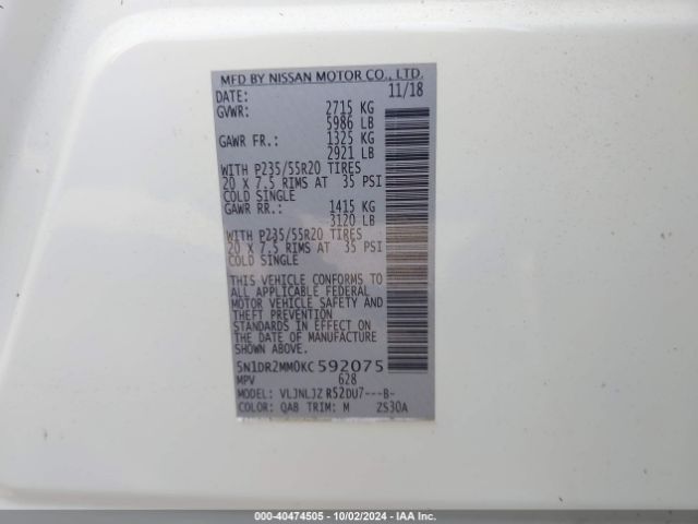 Photo 8 VIN: 5N1DR2MM0KC592075 - NISSAN PATHFINDER 