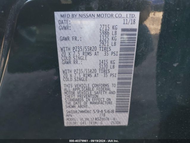 Photo 8 VIN: 5N1DR2MM0KC594568 - NISSAN PATHFINDER 