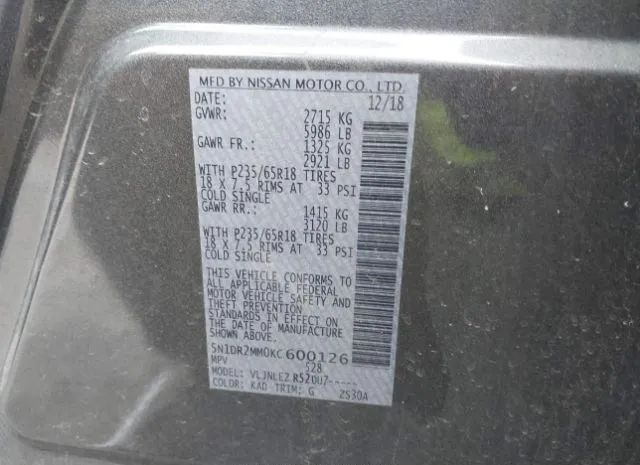 Photo 8 VIN: 5N1DR2MM0KC600126 - NISSAN PATHFINDER 