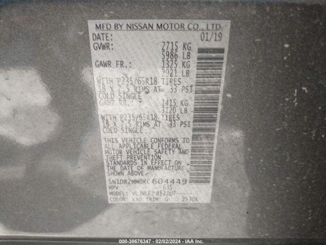 Photo 8 VIN: 5N1DR2MM0KC604449 - NISSAN PATHFINDER 