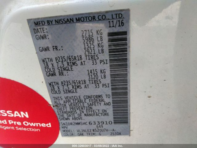 Photo 8 VIN: 5N1DR2MM5HC633910 - NISSAN PATHFINDER 