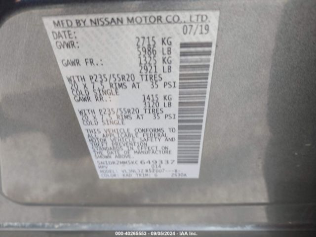 Photo 8 VIN: 5N1DR2MM5KC649337 - NISSAN PATHFINDER 