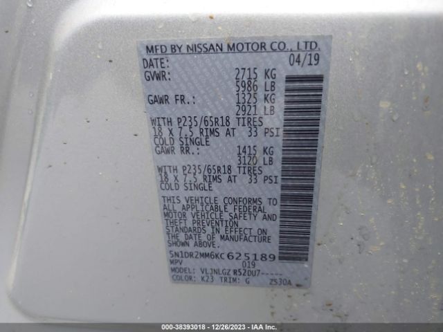 Photo 8 VIN: 5N1DR2MM6KC625189 - NISSAN PATHFINDER 