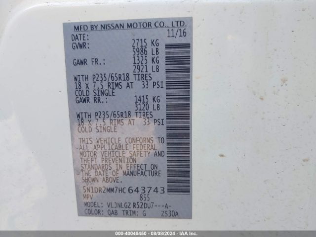 Photo 8 VIN: 5N1DR2MM7HC643743 - NISSAN PATHFINDER 