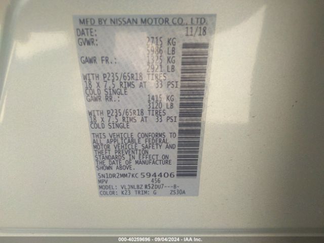 Photo 8 VIN: 5N1DR2MM7KC594406 - NISSAN PATHFINDER 