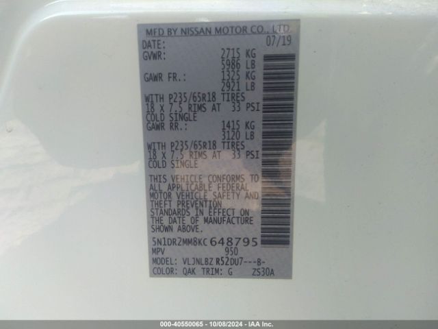 Photo 8 VIN: 5N1DR2MM8KC648795 - NISSAN PATHFINDER 