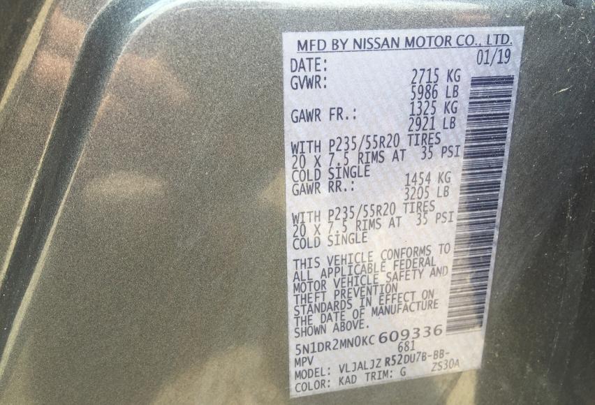 Photo 9 VIN: 5N1DR2MN0KC609336 - NISSAN PATHFINDER 