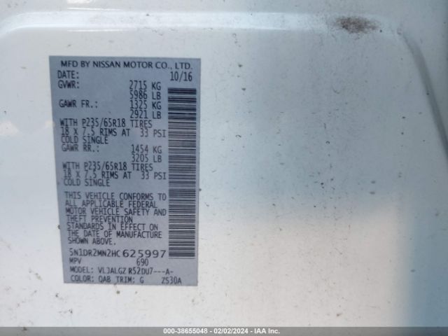 Photo 8 VIN: 5N1DR2MN2HC625997 - NISSAN PATHFINDER 