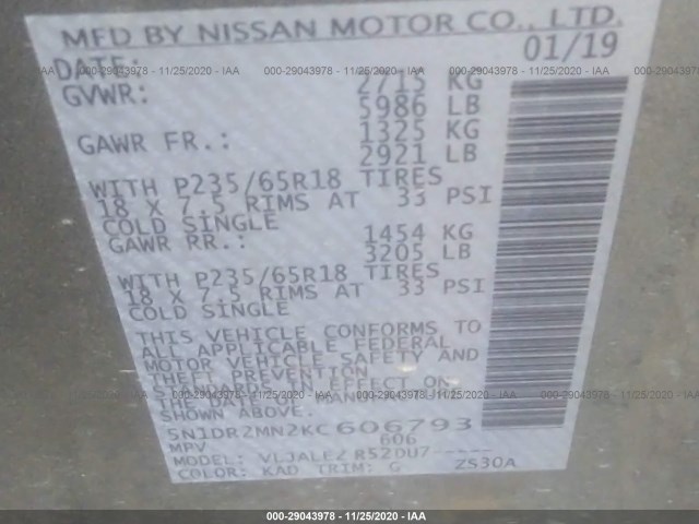 Photo 8 VIN: 5N1DR2MN2KC606793 - NISSAN PATHFINDER 