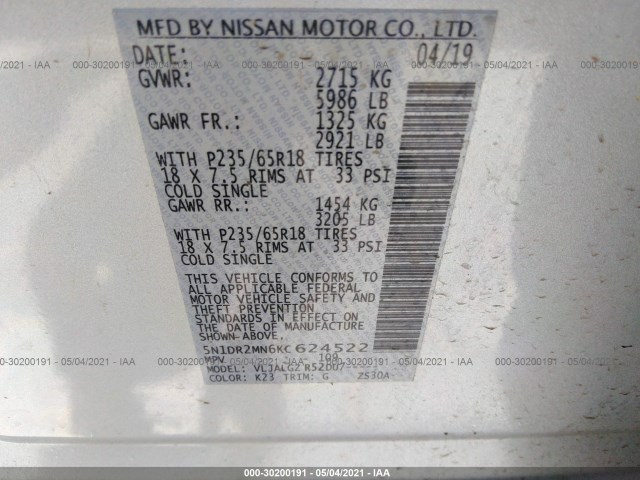 Photo 8 VIN: 5N1DR2MN6KC624522 - NISSAN PATHFINDER 