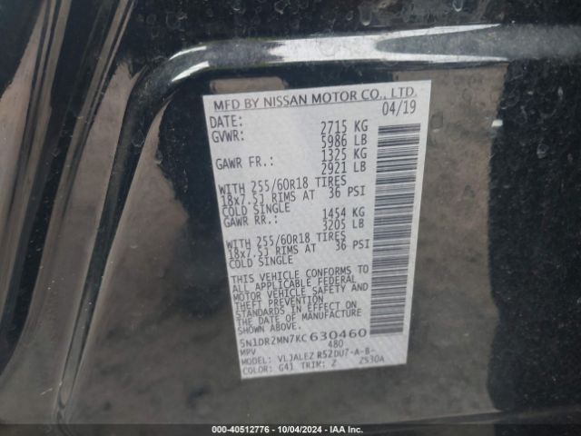 Photo 8 VIN: 5N1DR2MN7KC630460 - NISSAN PATHFINDER 