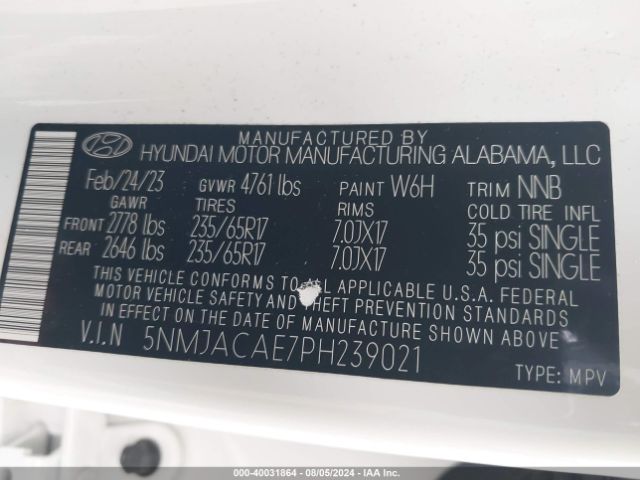 Photo 8 VIN: 5NMJACAE7PH239021 - HYUNDAI TUCSON 