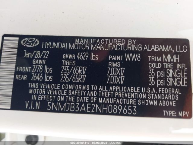 Photo 8 VIN: 5NMJB3AE2NH089653 - HYUNDAI TUCSON 