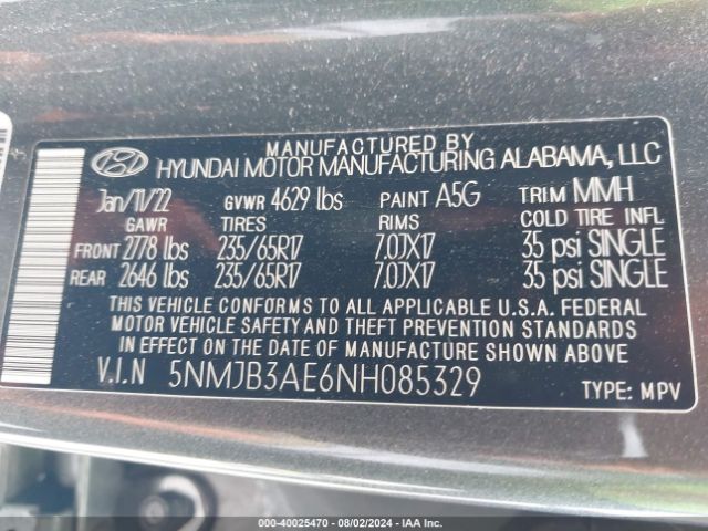 Photo 8 VIN: 5NMJB3AE6NH085329 - HYUNDAI TUCSON 