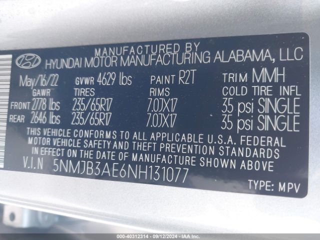 Photo 8 VIN: 5NMJB3AE6NH131077 - HYUNDAI TUCSON 