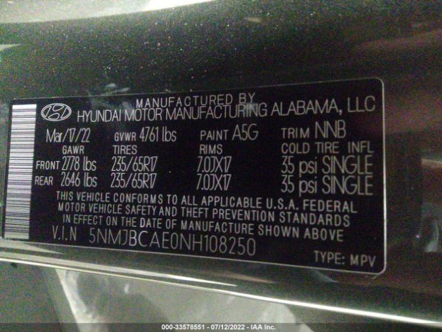 Photo 8 VIN: 5NMJBCAE0NH108250 - HYUNDAI TUCSON 