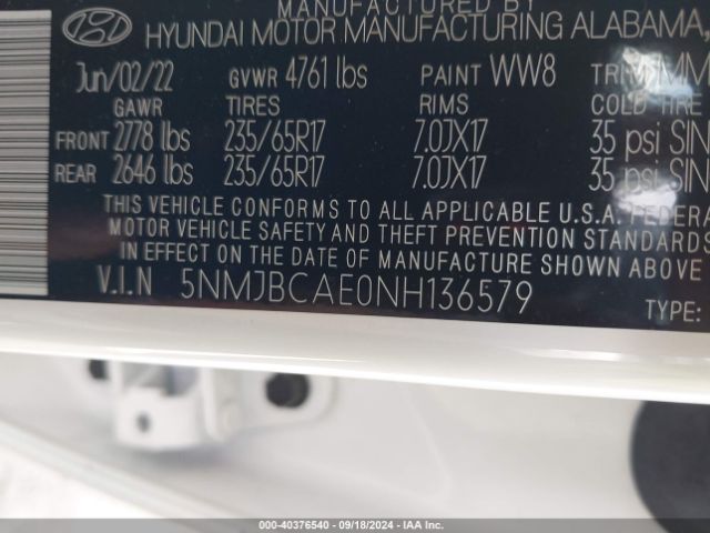 Photo 8 VIN: 5NMJBCAE0NH136579 - HYUNDAI TUCSON 