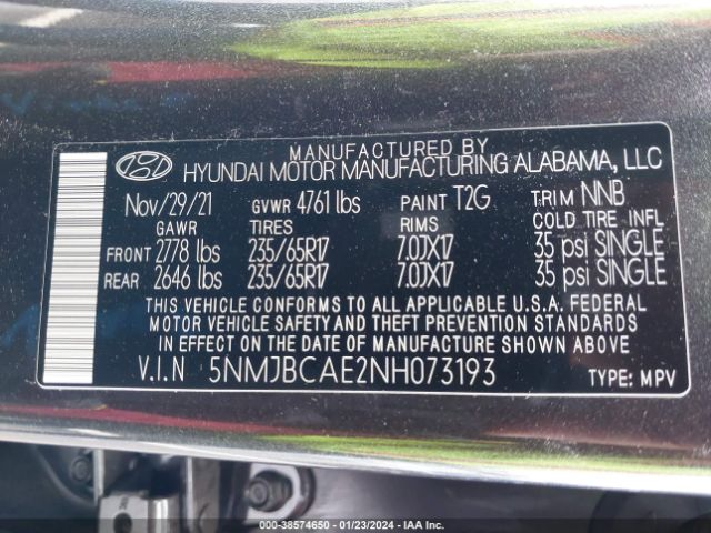 Photo 8 VIN: 5NMJBCAE2NH073193 - HYUNDAI TUCSON 