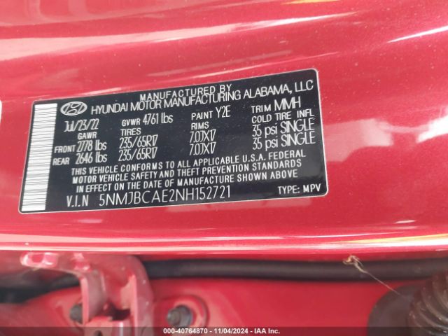 Photo 8 VIN: 5NMJBCAE2NH152721 - HYUNDAI TUCSON 