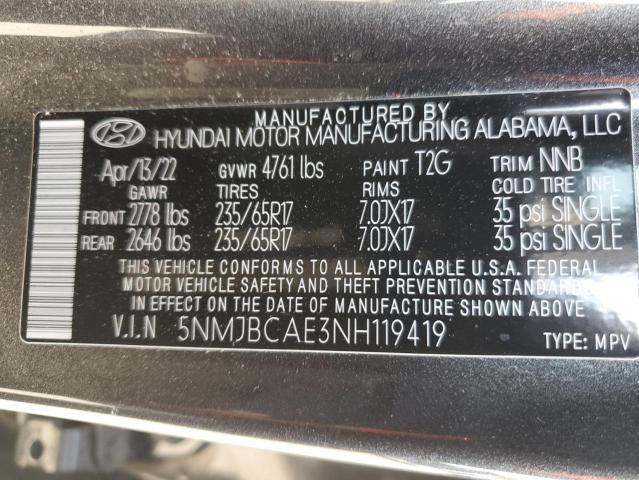 Photo 12 VIN: 5NMJBCAE3NH119419 - HYUNDAI TUCSON SEL 