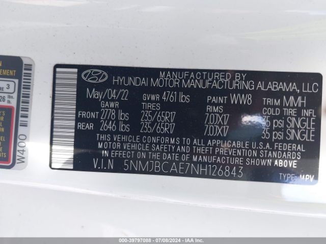 Photo 8 VIN: 5NMJBCAE7NH126843 - HYUNDAI TUCSON 