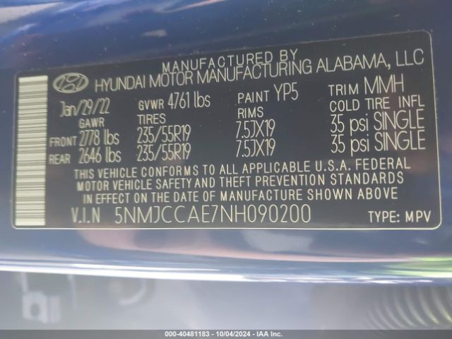 Photo 8 VIN: 5NMJCCAE7NH090200 - HYUNDAI TUCSON 