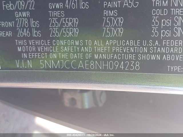 Photo 8 VIN: 5NMJCCAE8NH094238 - HYUNDAI TUCSON 