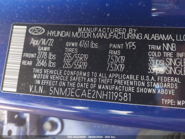 Photo 8 VIN: 5NMJECAE2NH119581 - HYUNDAI TUCSON 