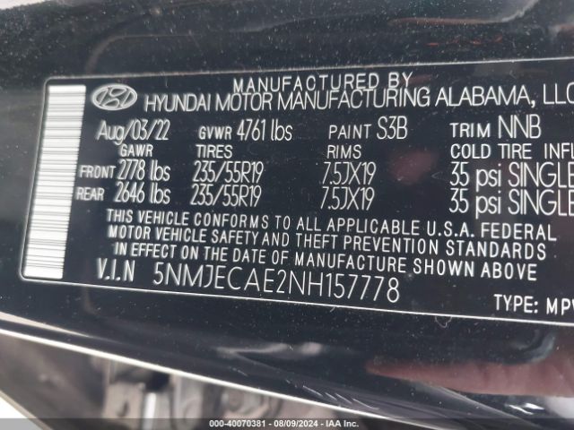 Photo 8 VIN: 5NMJECAE2NH157778 - HYUNDAI TUCSON 