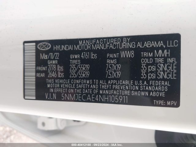 Photo 8 VIN: 5NMJECAE4NH105911 - HYUNDAI TUCSON 