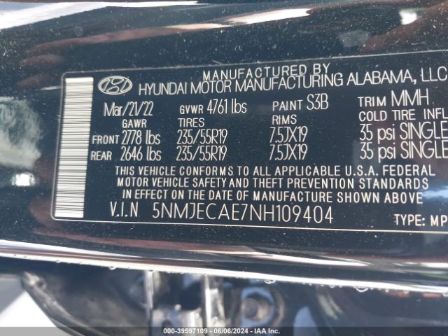 Photo 8 VIN: 5NMJECAE7NH109404 - HYUNDAI TUCSON 