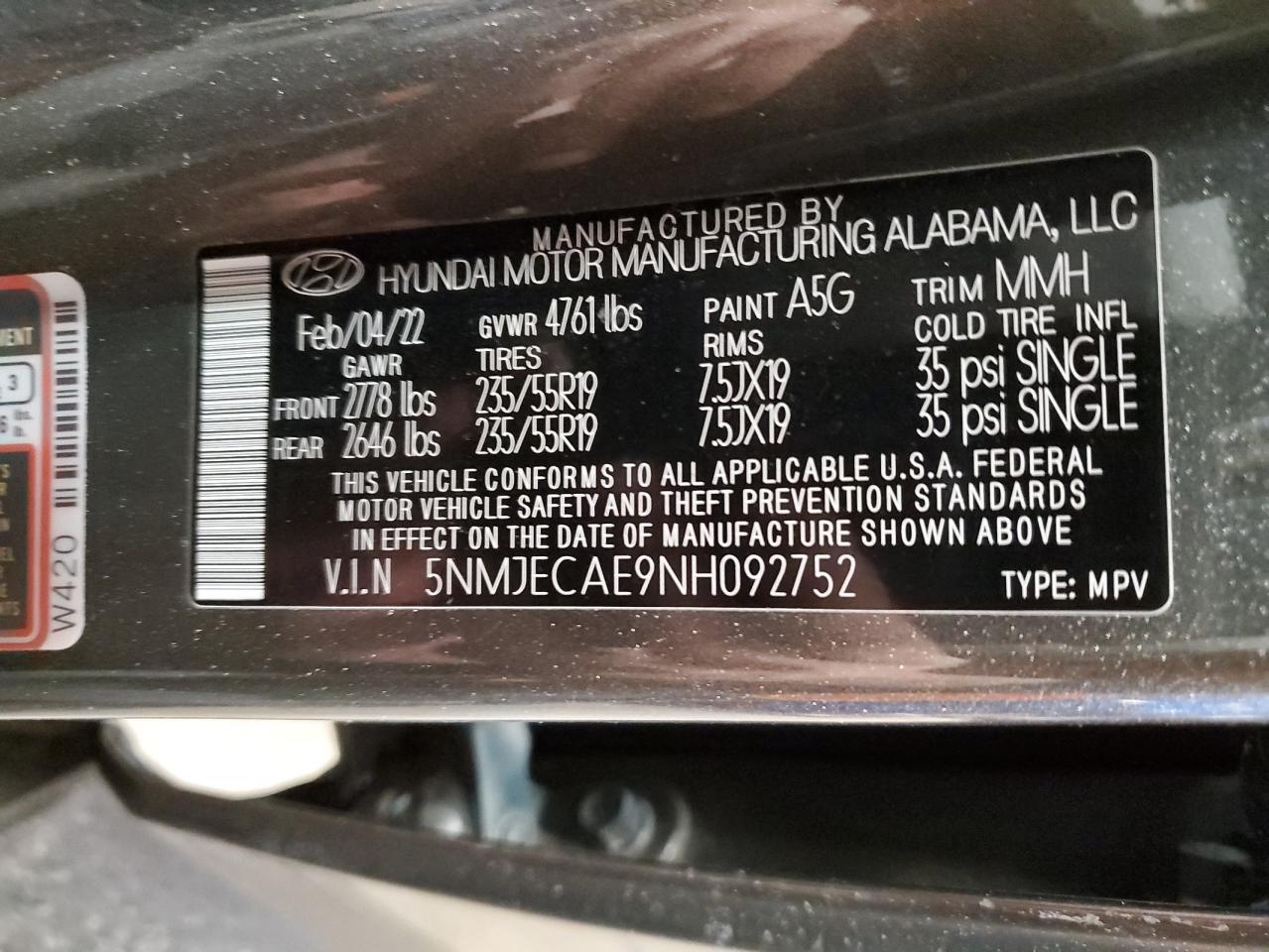 Photo 11 VIN: 5NMJECAE9NH092752 - HYUNDAI TUCSON 