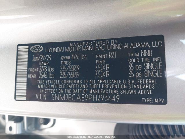 Photo 8 VIN: 5NMJECAE9PH293649 - HYUNDAI TUCSON 