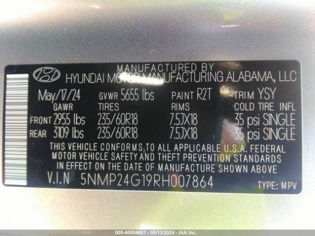 Photo 8 VIN: 5NMP24G19RH007864 - HYUNDAI SANTA FE 