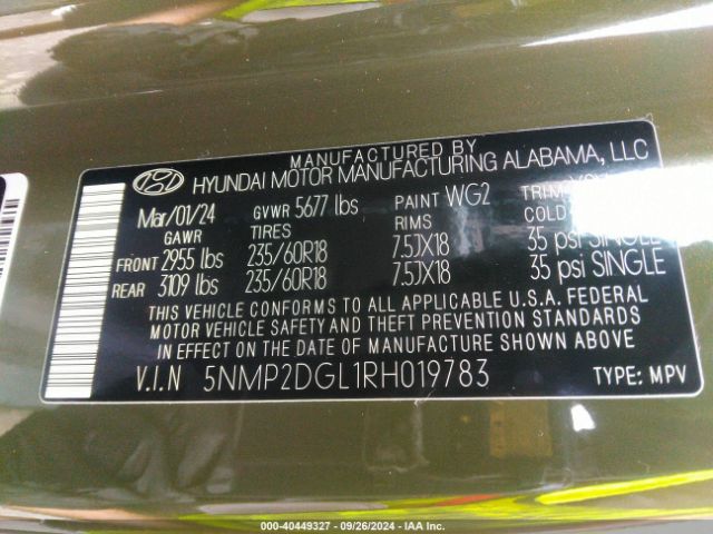 Photo 8 VIN: 5NMP2DGL1RH019783 - HYUNDAI SANTA FE 