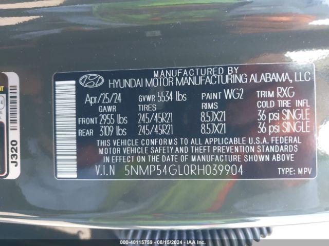 Photo 8 VIN: 5NMP54GL0RH039904 - HYUNDAI SANTA FE 