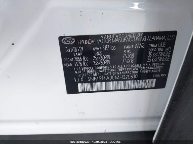 Photo 8 VIN: 5NMS14AJ0MH320610 - HYUNDAI SANTA FE 