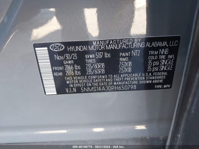 Photo 8 VIN: 5NMS14AJ0PH650798 - HYUNDAI SANTA FE 