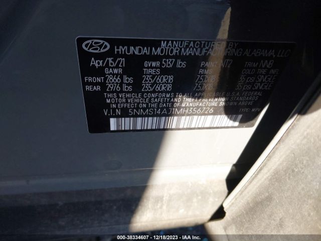 Photo 8 VIN: 5NMS14AJ1MH356726 - HYUNDAI SANTA FE 